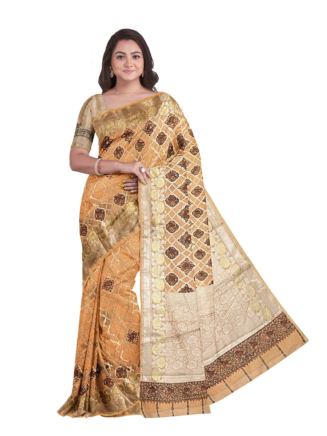 Handpainted Madhubani Peach colour Saree on Banarasi Chanderi